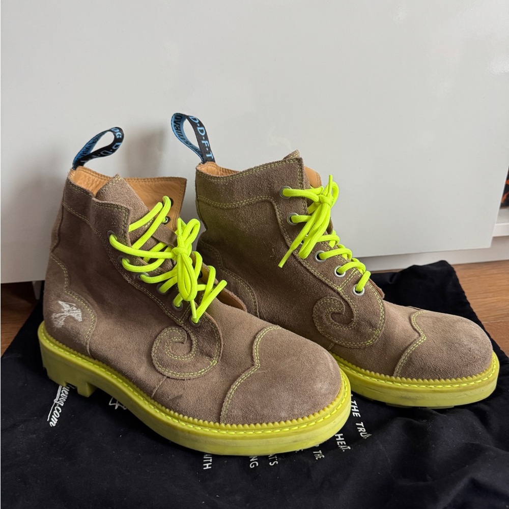 John Fluevog Derby Olive Tannish Neon Green suede Ankle Boots